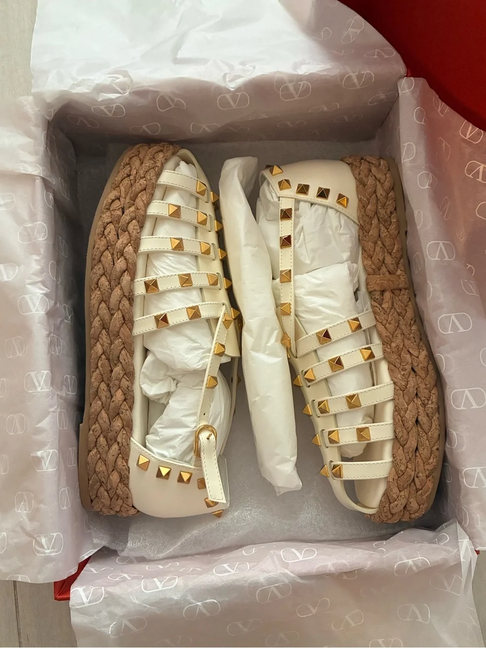 Valentino White Studded Espadrille Platform Sandals
